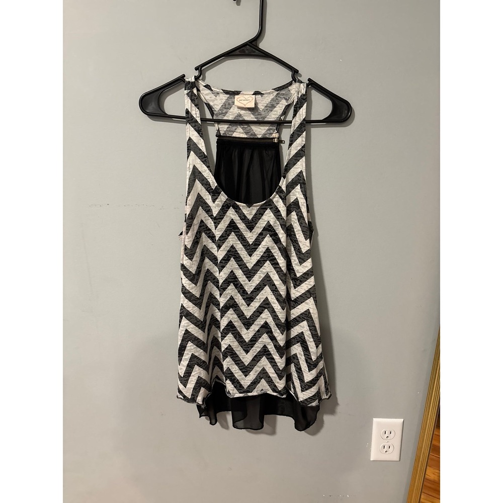 Y2K Self Esteem Womens Chevron Racerback Tank Top Black White Zipper Back Sheer